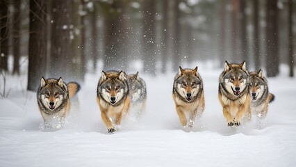 Pack of wolves running through snow.