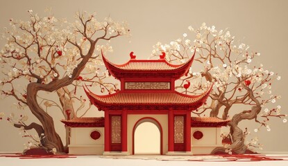 Ornate Asian-style red and cream gate, flanked by flowering trees