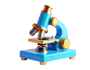 A stylized, bright blue and gold microscope isolated on a black background