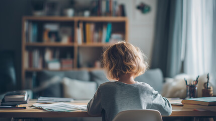 child studying alone at home desk, focused kid writing and learning, quiet home learning environment
