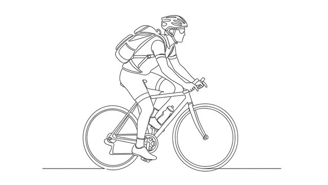 Cyclist riding a bicycle with a backpack, line art drawing of a man cycling, side view