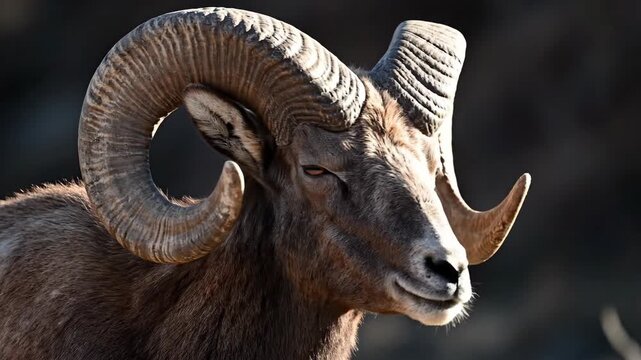 Majestic ram with curling horns in sunlight.