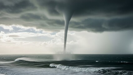 Tornado forms over ocean waters storm.
