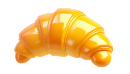 A shiny, golden croissant, isolated on a stark black background