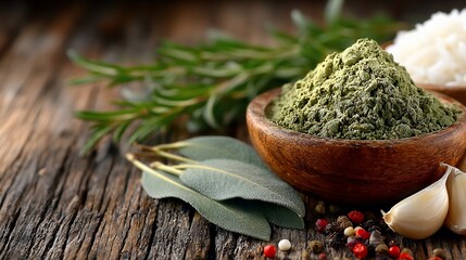 Aromatic herbs and spices arrangement featuring rosemary, sage, garlic and peppercorns on rustic