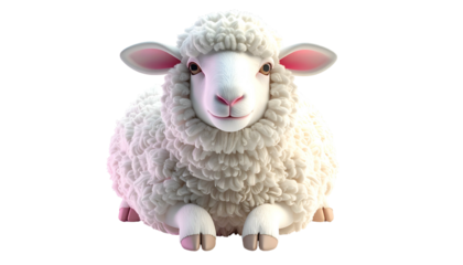 A fluffy, friendly, digitally-rendered sheep against a black background
