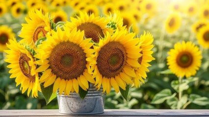 Vibrant Sunflower Bouquet in Rustic Metal Bucket on Wooden Table