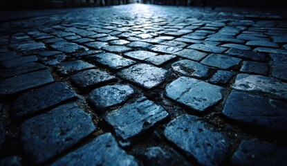Low-angle view of old, uneven cobblestone pathway leading towards a bright light