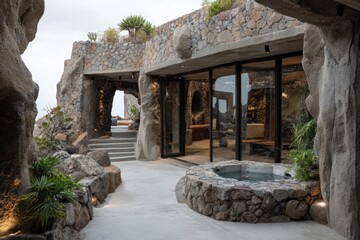 Modern home exterior features stone walls, a jacuzzi, and large glass windows