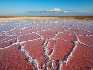 Pink salt flats under clear sky