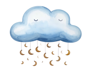 Watercolor illustration of a sleepy cloud raining down crescent moons