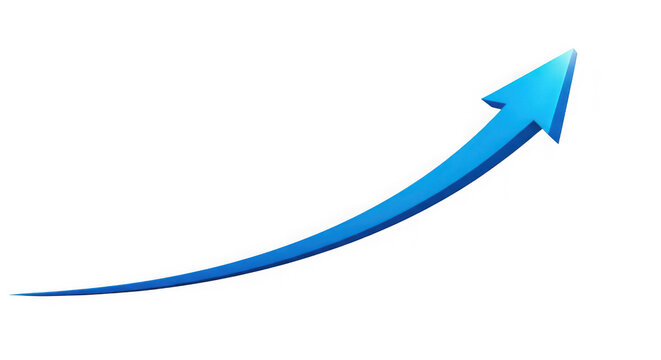 Blue arrow graphic curving upwards on black background isolated on a transparent background curve
