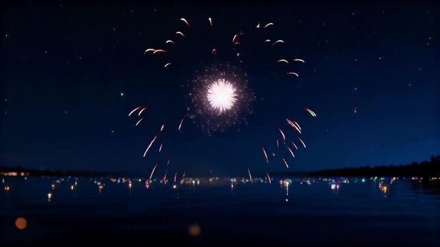 Ultra HD 4K starburst fireworks exploding miniature galaxies outer space, colorful neon trails shooting outward, shimmering particles floating, reflection calm water surface, energetic holiday overlay