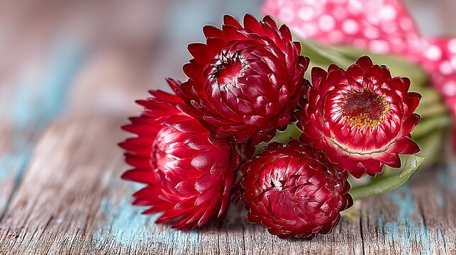 Close-up of deep red strawflowers with a spotted pink ribbon on weathered wood expressing rustic