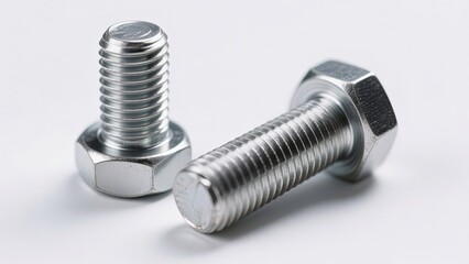 Metallic bolts and nuts on a clean white floor.