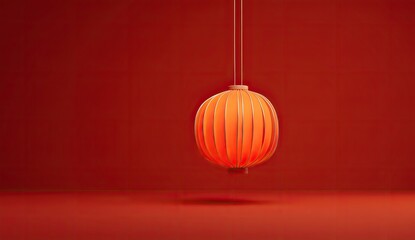 Rendered orange paper lantern suspended from two thin cords, against a smooth red backdrop