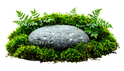 Smooth gray stone resting in vibrant green moss with ferns