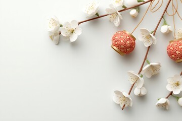 Blossoms and festive lanterns adorning a white background, symbolizing chinese new year and spring festival traditions