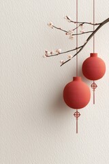 Chinese new year banner with hanging red traditional lanterns and white plum blossoms on textured light background