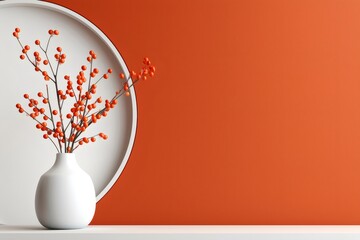 Celebrating chinese new year with red berries in white vase on a minimalist background, symbolizing prosperity and good fortune