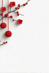 Chinese new year decorations with red plum blossoms and traditional knot ornaments on white background