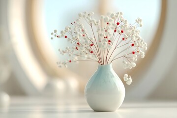 White and red baby's breath flowers in a minimalist vase creating a festive atmosphere for chinese new year