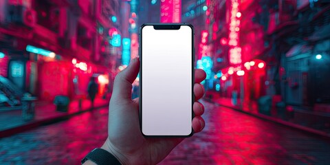 A hand holds a rectangular device with a blank screen, with a blurry neon-lit cityscape in the background