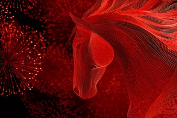 Red horse line art on black background with exploding fireworks celebrating chinese new year festivities