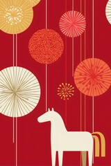 Chinese new year celebration with stylized white horse and circular lanterns on red background