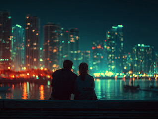 Couple enjoying nighttime cityscape