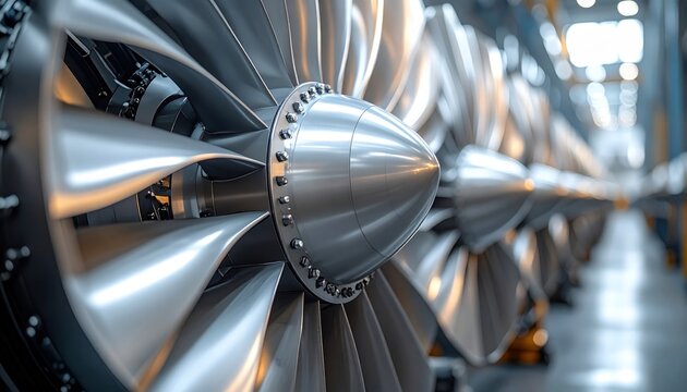Close up of a gleaming metallic jet engine turbine fan with intricate blades