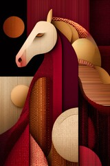Chinese zodiac horse representing spring festival, lunar new year. Abstract design with textured red and gold elements