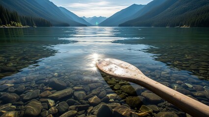 Wooden Paddle Resting in Clear Mountain Lake Waters