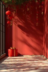 Chinese new year celebration background with red lanterns, gift box, and festive traditional decorations in sunlight