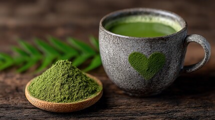 Close-up of Matcha tea with a heart on cup and powder on wooden surface