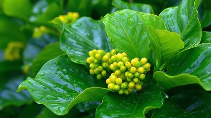 Close-up of Noni plant leaves and fruit with water droplets after a tropical rain shower