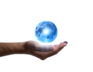 Hand holds a glowing blue sphere against a stark black background