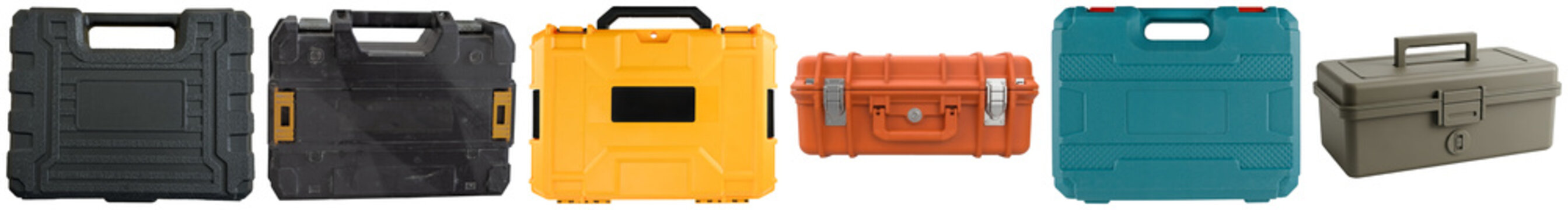 assortment of durable and portable toolboxes in various colors and designs, designed for organized storage.