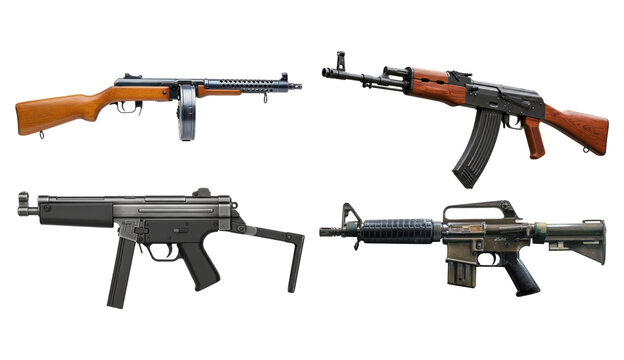 four distinct realistic firearm photographs showcasing various weapon types including an assault rifle and submachine guns against a dark backdrop.