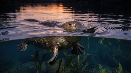 Ornithorynque nageant &agrave; la surface de l'eau au cr&eacute;puscule