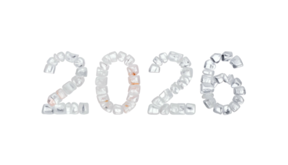 White, textured "2026" on black background, crafted from small, square shapes