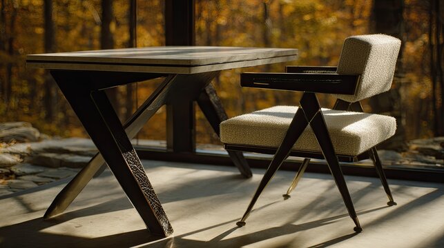 Modern desk and chair set in an autumn forest setting.