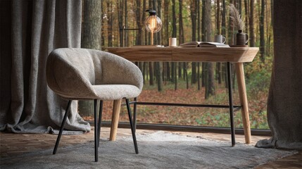 Cozy interior with a desk and chair offers a view of autumn woods.