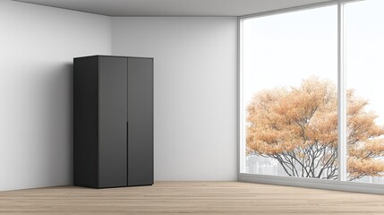 Modern dark wardrobe stands in a minimalist room with a large window.
