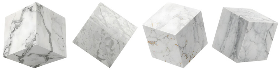 a striking photograph of four elegant white marble cubes with intricate grey and golden veins, displayed on a transparent background.