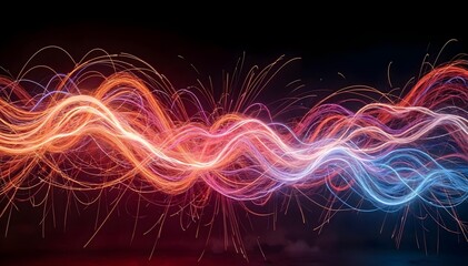Long exposure fireworks light trails, cinematic motion, dark background.