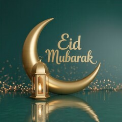 Eid mubarak greeting with golden crescent moon and lantern