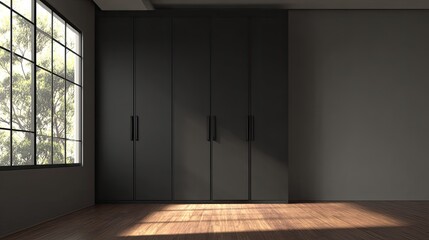 Dark contemporary wardrobes with natural light streaming through a large window.