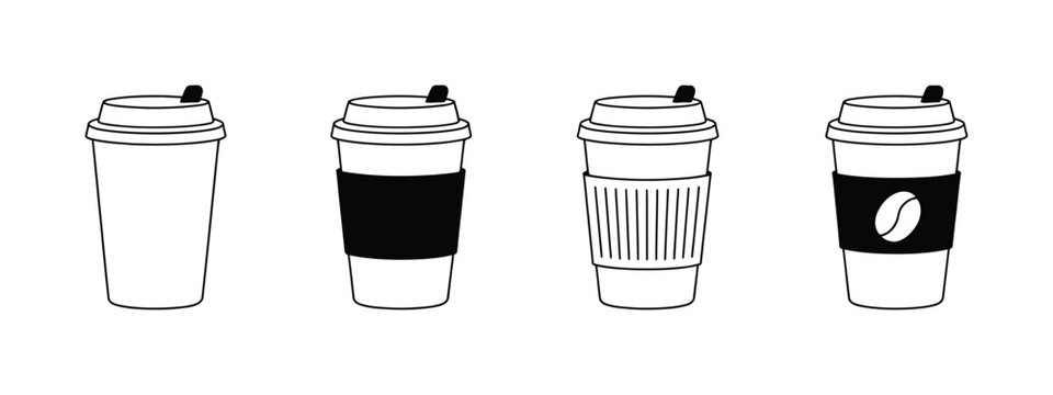 Coffee icons set featuring linear coffee cup icons, various cups of coffee, minimalist outline style, caf&eacute; beverage symbols, modern vector illustration for menus, apps, and branding.