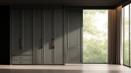 Modern gray closet with large window and trees outside.